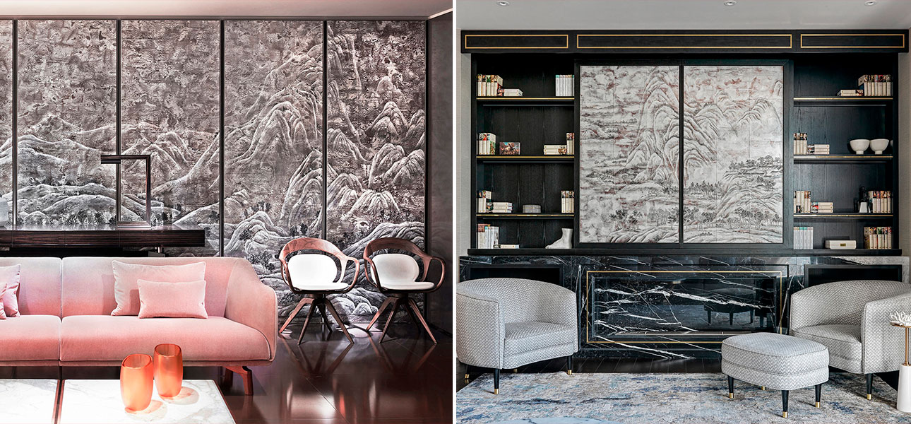 Обои ручная роспись A Thousand Li of Rivers and Mountains Colourway SC-102 on Sterling Silver gilded paper with pearlescent antiquing - фото