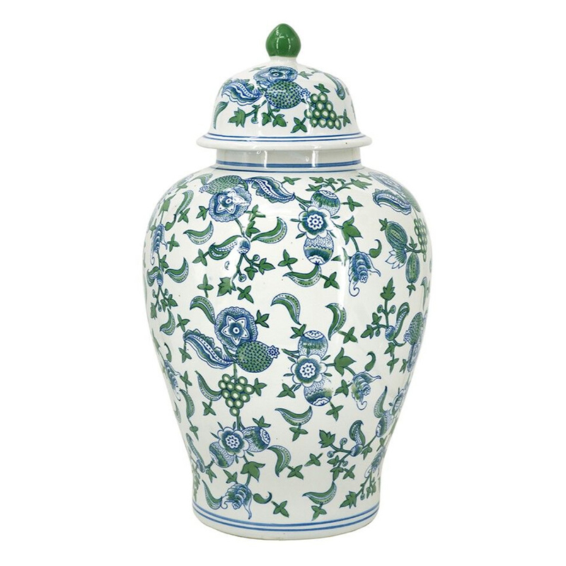 Ваза с крышкой и зелено-голубым цветочным узором на белом фоне Blue & White Ornament Белый Синий Ваза с крышкой и зелено-голубым цветочным узором на белом фоне Blue & White Ornament Белый Синий в Челябинске | Loft Concept