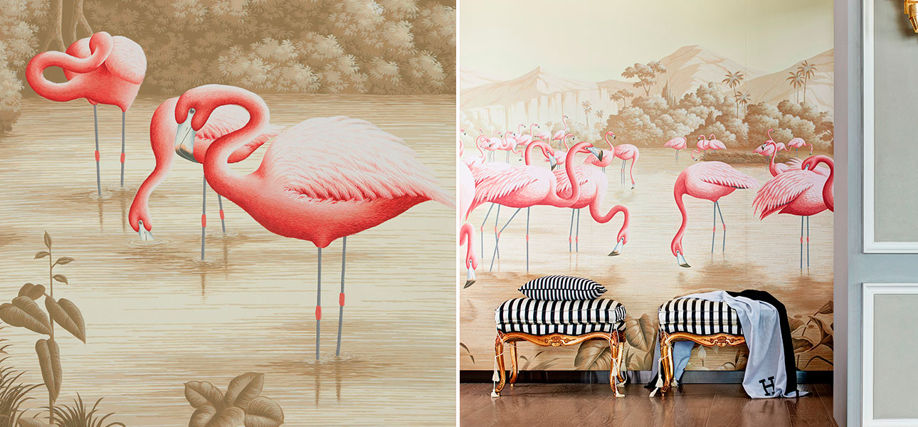 Обои ручная роспись Flamingos Flamingo on Sepia scenic paper - фото