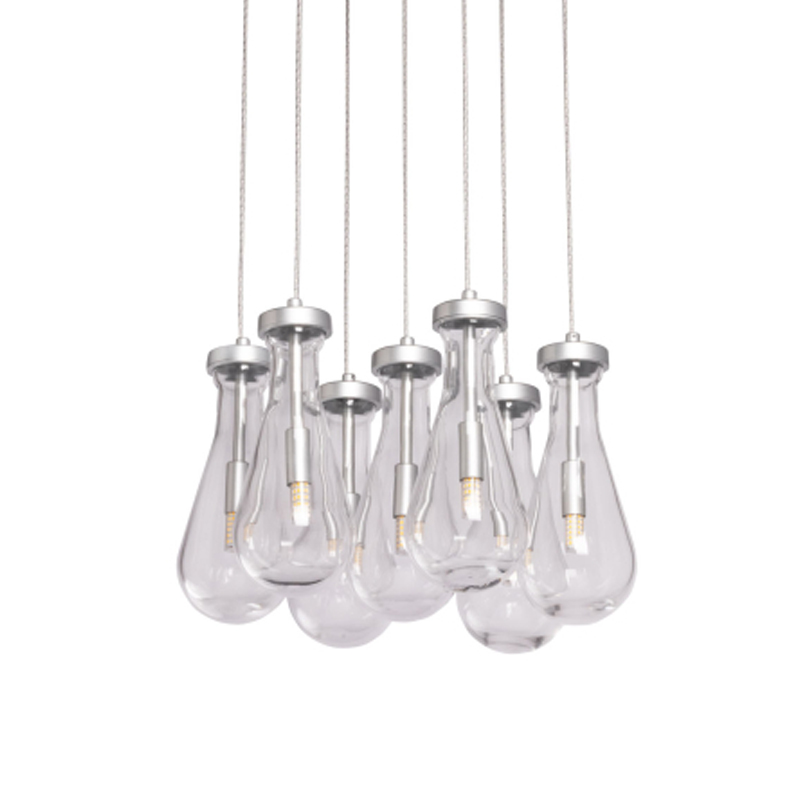 Люстра с 7-ю прозрачными плафонами из стекла в форме капли на круглом потолочном основании цвета хром Lucid Rain  Серебряный Прозрачный в Челябинске | Loft Concept 