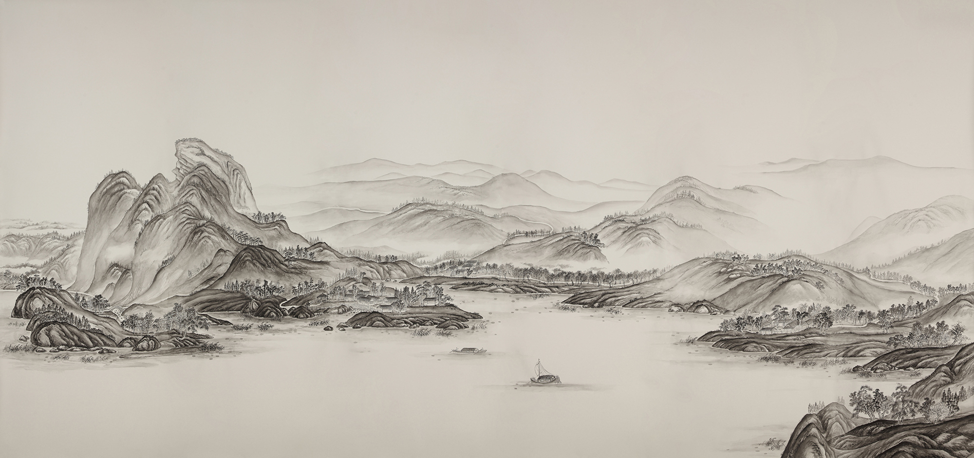 Обои ручная роспись A Thousand Li of Rivers and Mountains Special Colourway on Bleached White dyed silk Обои ручная роспись A Thousand Li of Rivers and Mountains Special Colourway on Bleached White dyed silk - постер Loft-Concept в Челябинске