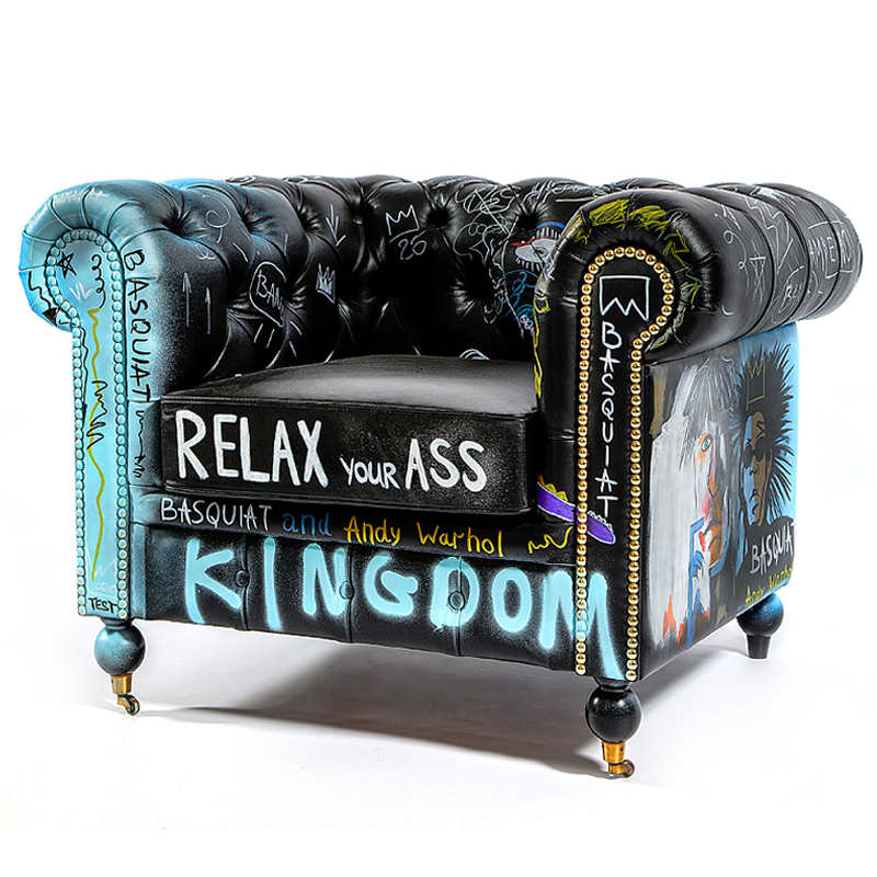 Кресло "Баския и Уорхол" Basquiat Warhol graffiti chair натуральная кожа Черный Мульти в Челябинске | Loft Concept 
