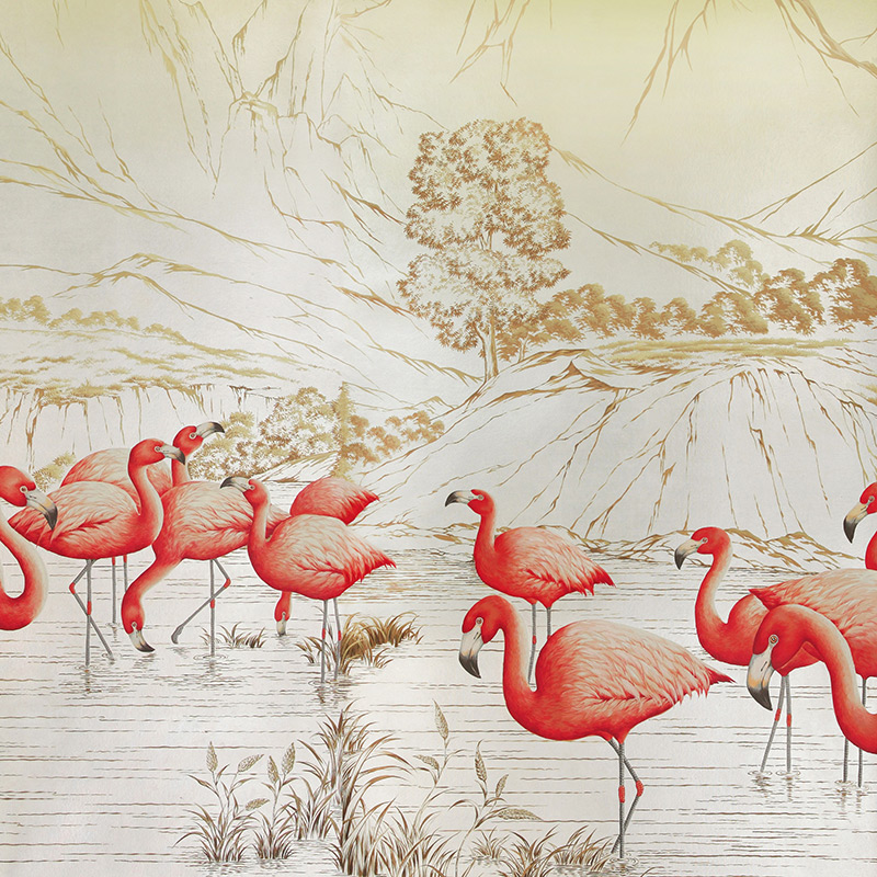 Обои ручная роспись Flamingos Colourway SC-120 on Sterling Silver gilded Xuan paper Обои ручная роспись Flamingos Colourway SC-120 on Sterling Silver gilded Xuan paper в Челябинске | Loft Concept