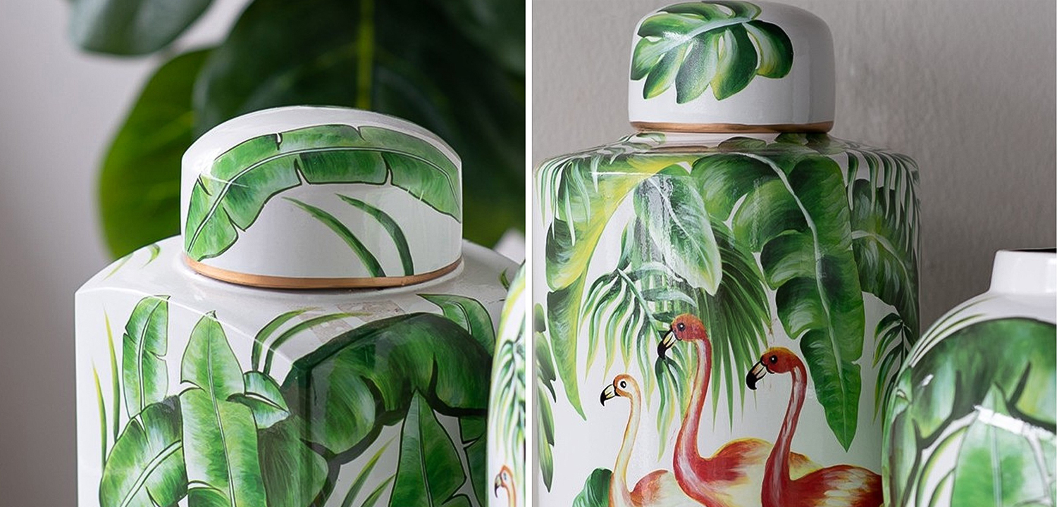 Ваза с крышкой Three Flamingos Green White Vase - фото