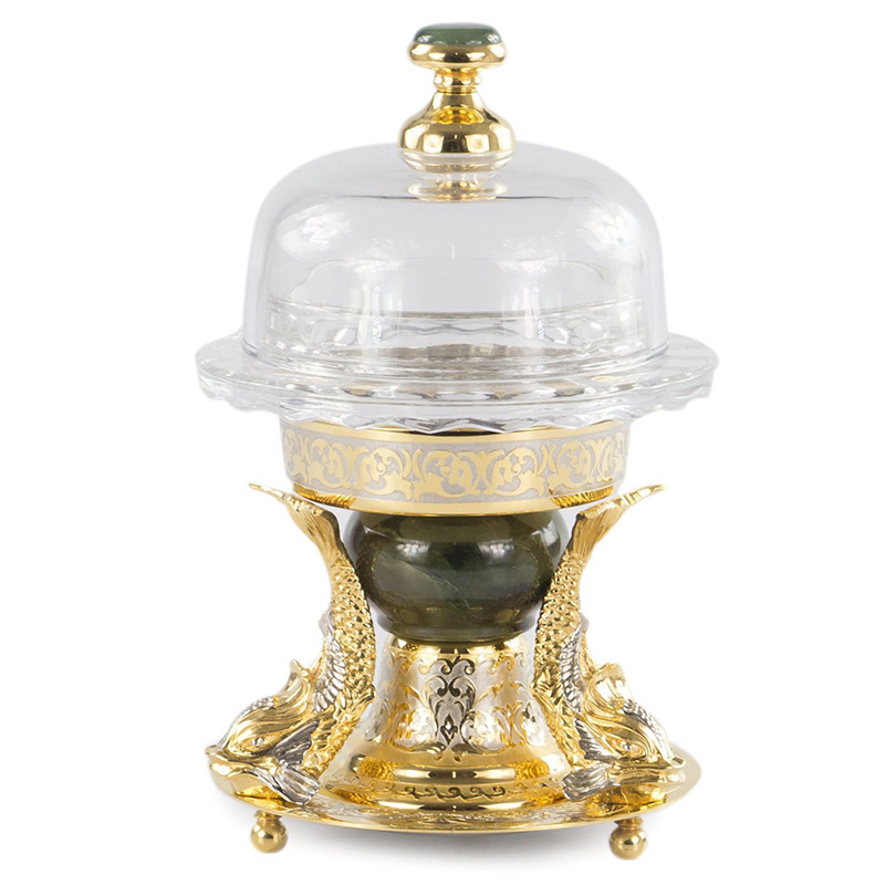 Икорница с декором "Три рыбки" с гравировкой и натуральным камнем Нефрит Decorative Cavair Dishes Золотой Никель Античный зеленый Икорница с декором "Три рыбки" с гравировкой и натуральным камнем Нефрит Decorative Cavair Dishes Золотой Никель Античный зеленый в Челябинске | Loft Concept