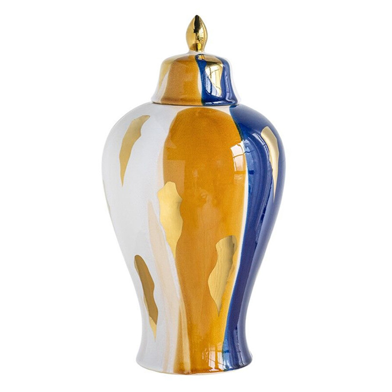 Ваза с крышкой и мазками синего и золого цвета на белом фоне Chinoiserie Ceramics Белый Оранжевый Золотой Синий Ваза с крышкой и мазками синего и золого цвета на белом фоне Chinoiserie Ceramics Белый Оранжевый Золотой Синий в Челябинске | Loft Concept