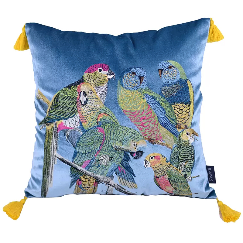 Декоративная подушка с вышивкой Embroidery Parrots Pillow Blue Голубой Мульти Декоративная подушка с вышивкой Embroidery Parrots Pillow Blue Голубой Мульти в Челябинске | Loft Concept