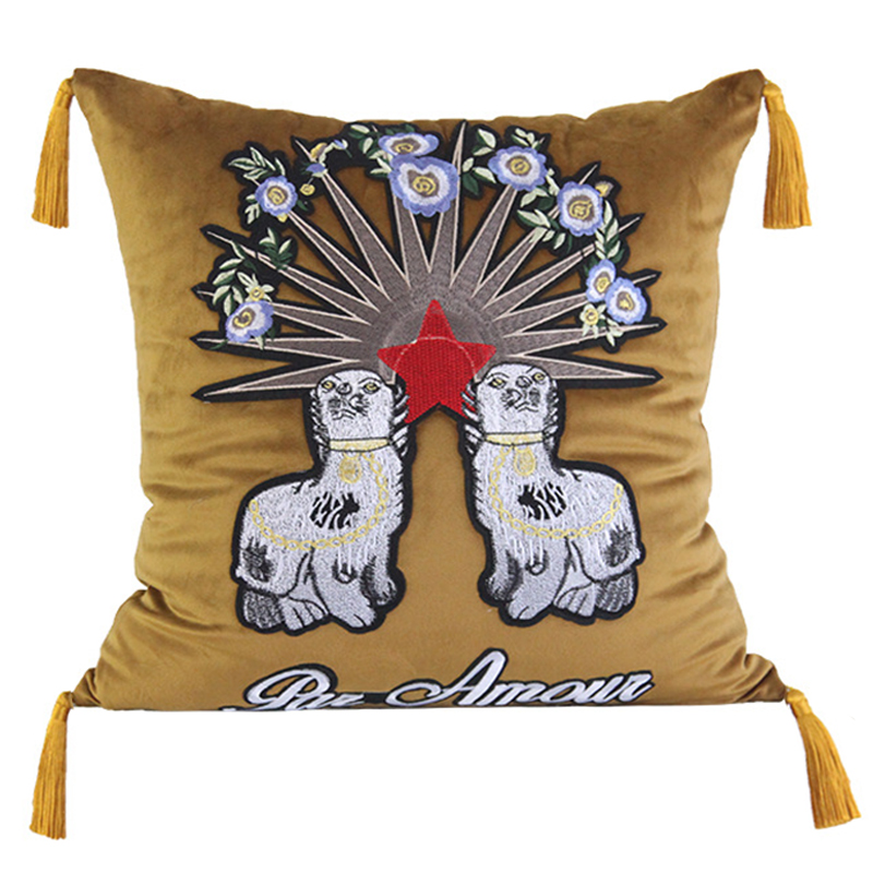 Декоративная подушка с вышивкой Стиль Gucci Two Dogs Cushion Горчичный Золотой Мульти Декоративная подушка с вышивкой Стиль Gucci Two Dogs Cushion Горчичный Золотой Мульти в Челябинске | Loft Concept