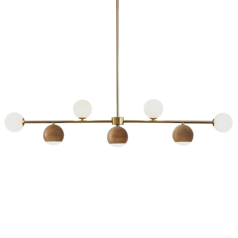 Линейная люстра Theo Metal Wooden Linear Chandelier Коричневый Латунь Белое матовое стекло Линейная люстра Theo Metal Wooden Linear Chandelier Коричневый Латунь Белое матовое стекло в Челябинске | Loft Concept