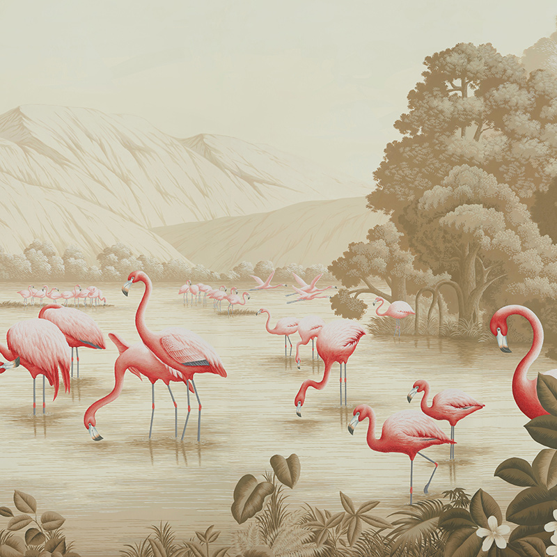 Обои ручная роспись Flamingos Flamingo on Sepia scenic paper  в Челябинске | Loft Concept 