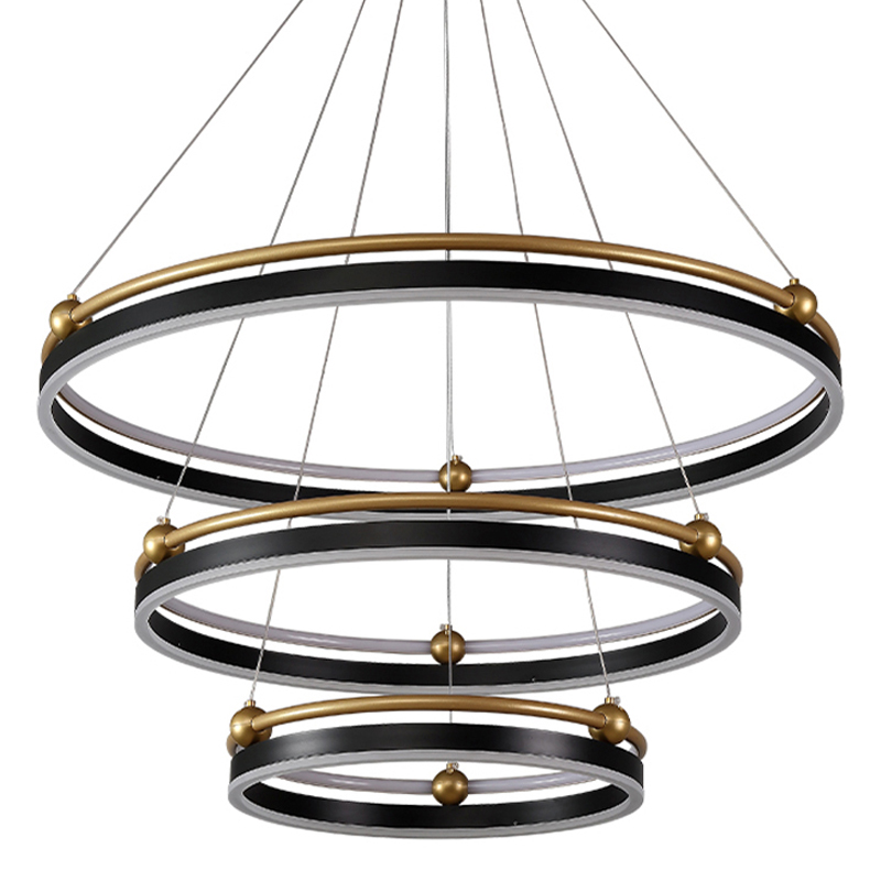 Люстра подвесная с тремя кольцами черного и золотого цвета Ring Horizontal Черный Белый Золотой Люстра подвесная с тремя кольцами черного и золотого цвета Ring Horizontal Черный Белый Золотой в Челябинске | Loft Concept