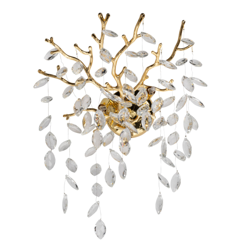 Бра золотого цвета с декоративными ветвями и прозрачными подвесками в форме листьев Droplet Chandelier Золотой Прозрачный в Челябинске | Loft Concept 