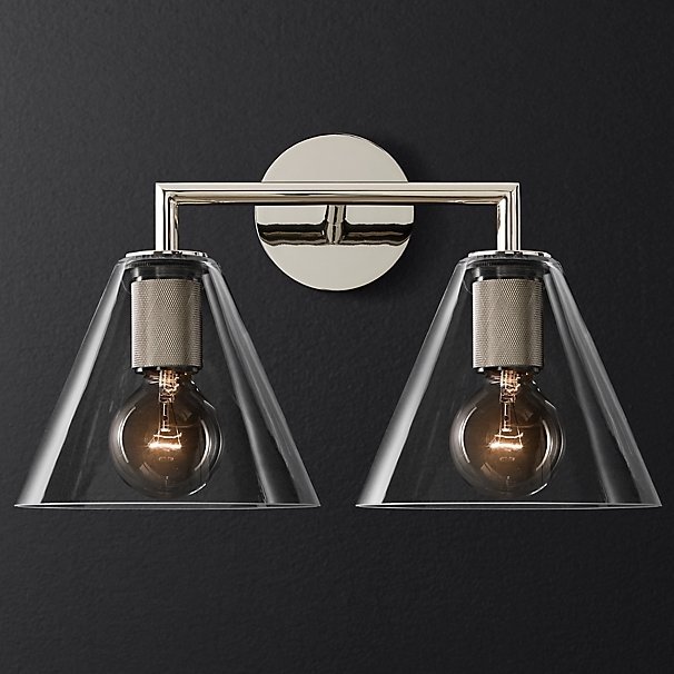 Бра RH Utilitaire Funnel Shade Double Sconce Silver Прозрачное Стекло Никель Бра RH Utilitaire Funnel Shade Double Sconce Silver Прозрачное Стекло Никель в Челябинске | Loft Concept