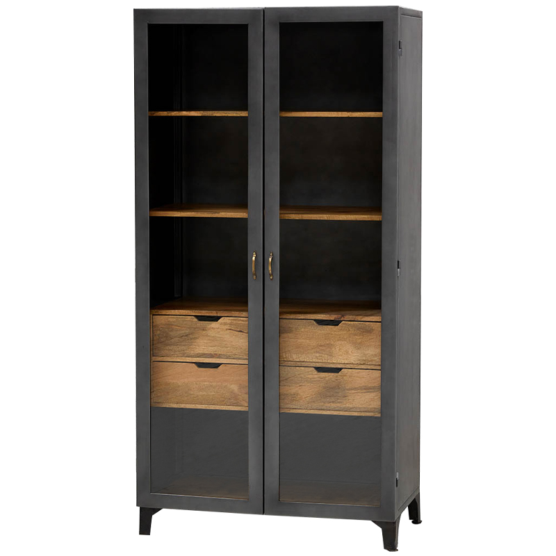 Шкаф металлический в стиле лофт с деревянными ящиками Russell Cabinet Графитовый Древесина Латунь Шкаф металлический в стиле лофт с деревянными ящиками Russell Cabinet Графитовый Древесина Латунь в Челябинске | Loft Concept