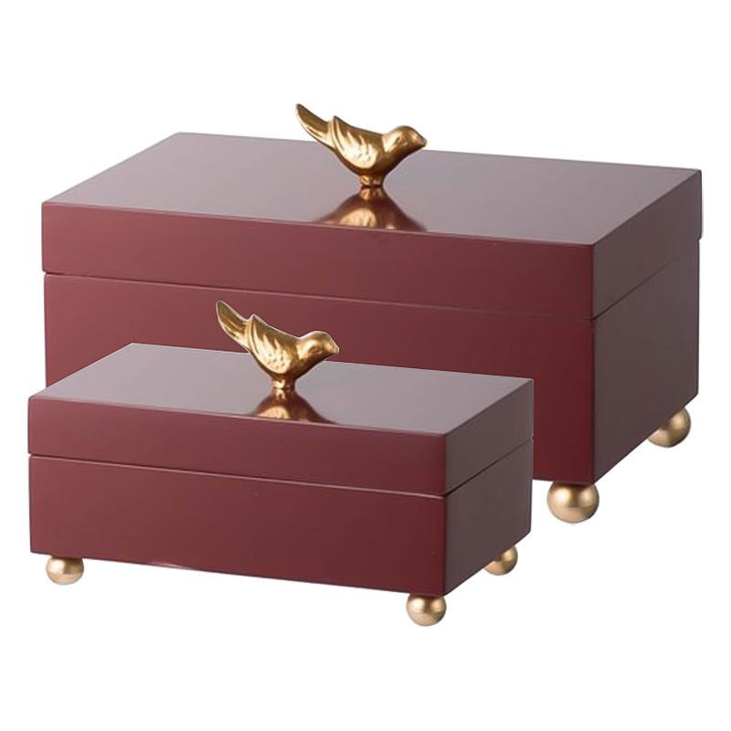Комплект шкатулок Red Box Golden Birds Бургундский красный Золотой Комплект шкатулок Red Box Golden Birds Бургундский красный Золотой в Челябинске | Loft Concept
