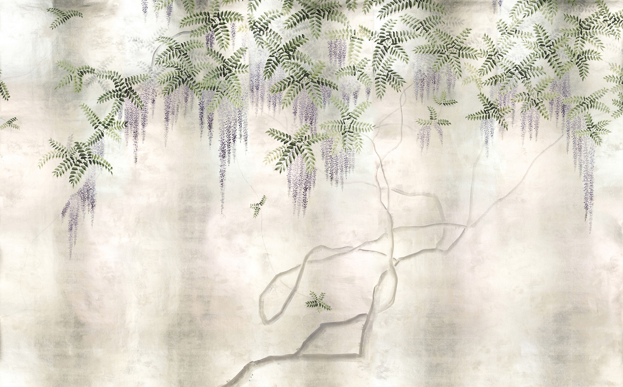 Обои в японском стиле Wisteria Lavender on White Metal gilded paper with pearlescent antiquing Обои в японском стиле Wisteria Lavender on White Metal gilded paper with pearlescent antiquing - постер Loft-Concept в Челябинске