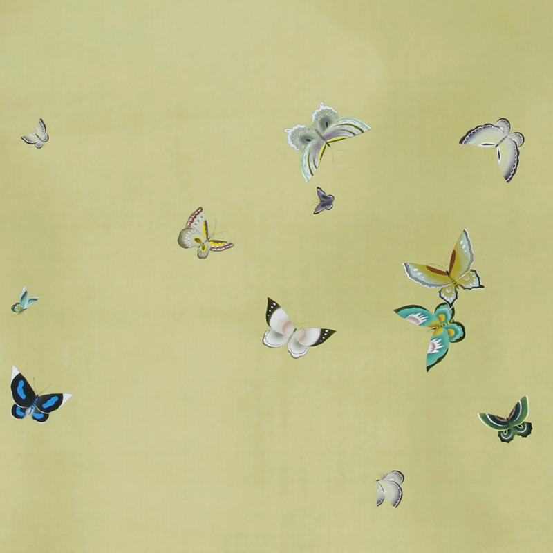 Обои ручная роспись Butterflies Special Colourway on Pea Green dyed silk Обои ручная роспись Butterflies Special Colourway on Pea Green dyed silk в Челябинске | Loft Concept