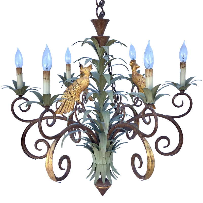 Люстра Дизайнерская Пальма с Попугаями Large Palm Leaf and Parrot Tole Chandelier Винтажное Темное Золото  Зеленый в Челябинске | Loft Concept 