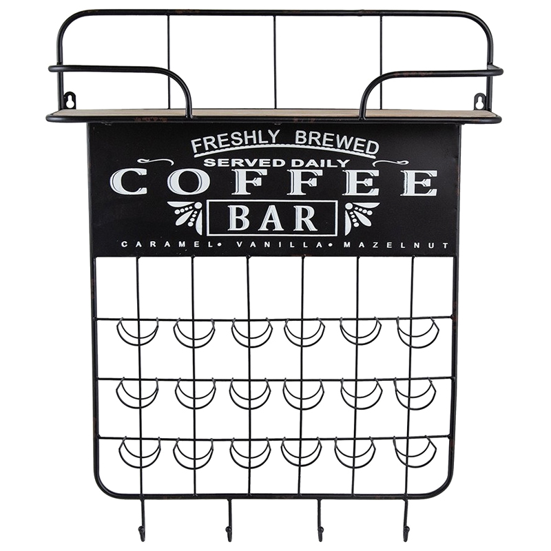 Настенная полка с крючками Coffee Bar Черный Бежевый Белый Настенная полка с крючками Coffee Bar Черный Бежевый Белый в Челябинске | Loft Concept