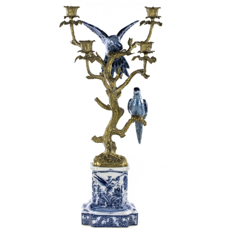 Подсвечник Blue & White Porcelain Bronze Parrots Белый Синий Бронза Подсвечник Blue & White Porcelain Bronze Parrots Белый Синий Бронза в Челябинске | Loft Concept