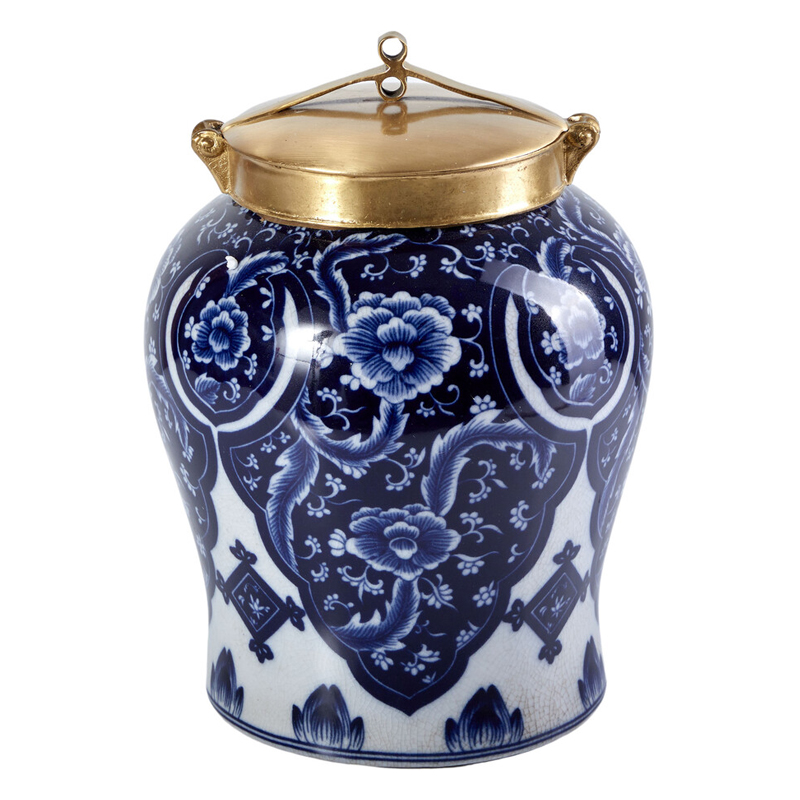 Ваза с насыщенным синим орнаментом и золотой крышкой Blue & White Ornament Белый Синий Золотой Ваза с насыщенным синим орнаментом и золотой крышкой Blue & White Ornament Белый Синий Золотой в Челябинске | Loft Concept