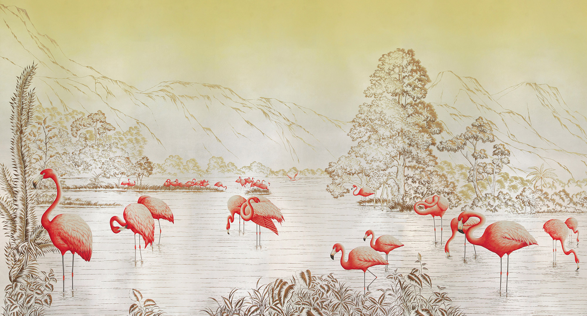 Обои ручная роспись Flamingos Colourway SC-120 on Sterling Silver gilded Xuan paper Обои ручная роспись Flamingos Colourway SC-120 on Sterling Silver gilded Xuan paper - постер Loft-Concept в Челябинске