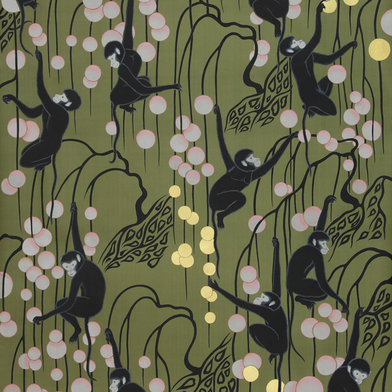 Обои ручная роспись Deco Monkeys Special Colourway on Olive dyed silk Обои ручная роспись Deco Monkeys Special Colourway on Olive dyed silk в Челябинске | Loft Concept