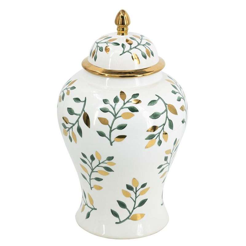 Ваза белая с крышкой с рисунком зеленых и золотых листьев 48 см Chinoiserie Ceramics Белый Зеленый Золотой Ваза белая с крышкой с рисунком зеленых и золотых листьев 48 см Chinoiserie Ceramics Белый Зеленый Золотой в Челябинске | Loft Concept