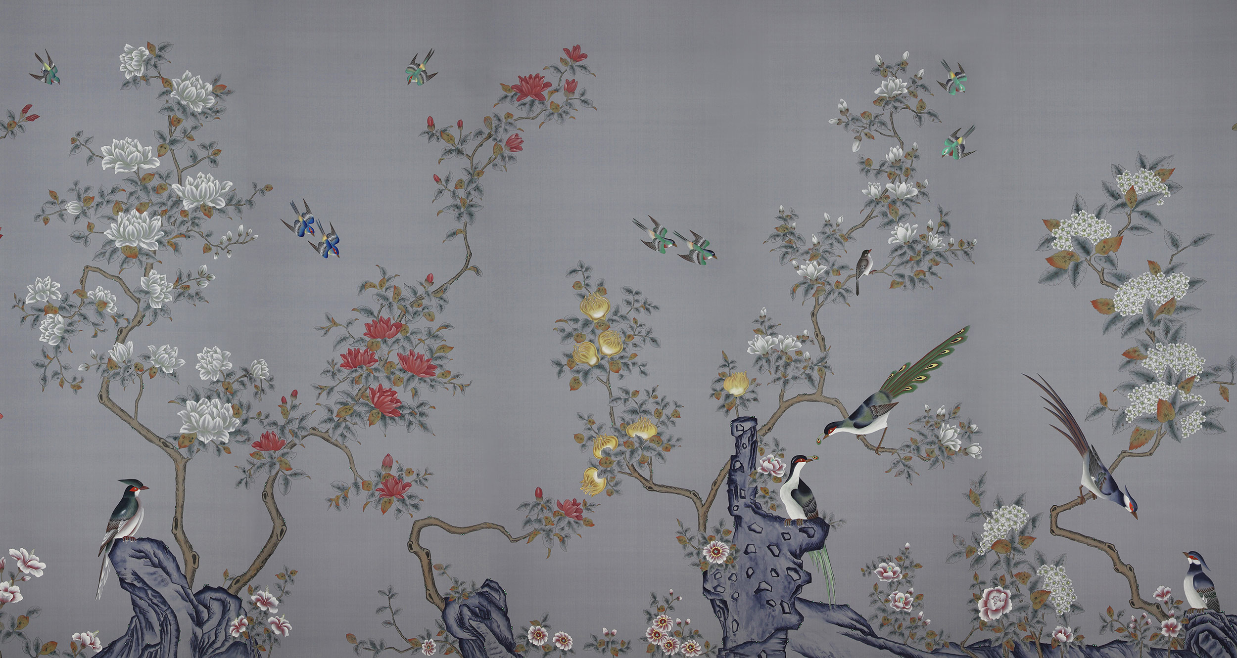 Обои ручная роспись Japanese Garden Original colourway on Gun Metal dyed silk Обои ручная роспись Japanese Garden Original colourway on Gun Metal dyed silk - постер Loft-Concept в Челябинске