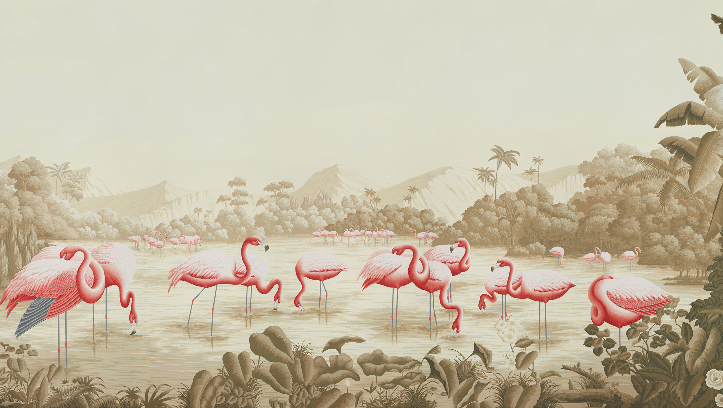 Обои ручная роспись Flamingos Flamingo on Sepia scenic paper Обои ручная роспись Flamingos Flamingo on Sepia scenic paper - постер Loft-Concept в Челябинске