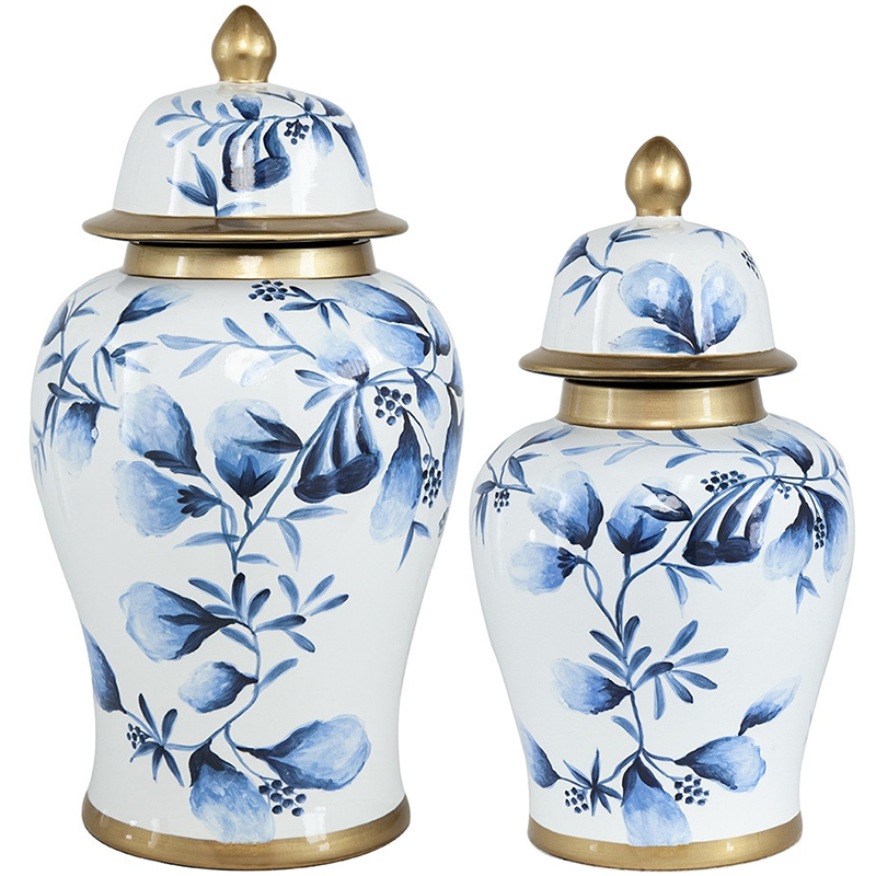 Ваза с крышкой Blue Plant Vase Золотой Белый Синий Ваза с крышкой Blue Plant Vase Золотой Белый Синий в Челябинске | Loft Concept