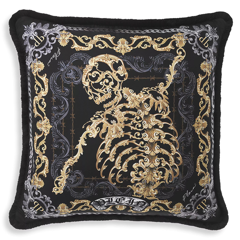 Подушка Philipp Plein Cushion Silk Skeleton 70 x 70 cm Черный Золотой Серый в Челябинске | Loft Concept 