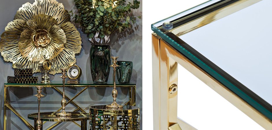 Консоль Serene Furnishing Gold Clear Glass Top Console Консоль Serene Furnishing Gold Clear Glass Top Console - Loft-Concept в Челябинске