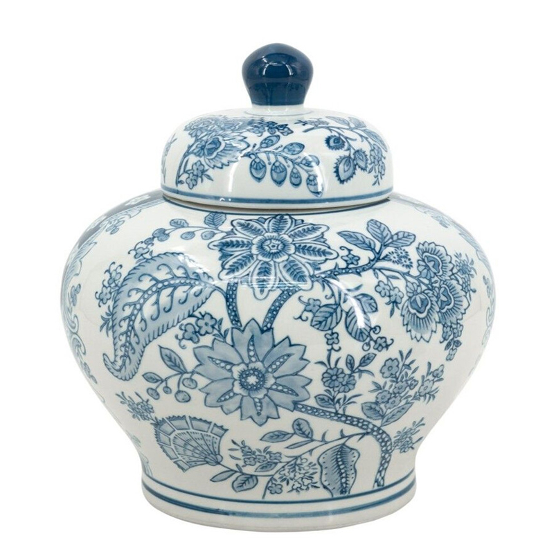 Ваза с крышкой и синим узором в виде цветов и листьев Blue & White Ornament Белый Синий Ваза с крышкой и синим узором в виде цветов и листьев Blue & White Ornament Белый Синий в Челябинске | Loft Concept