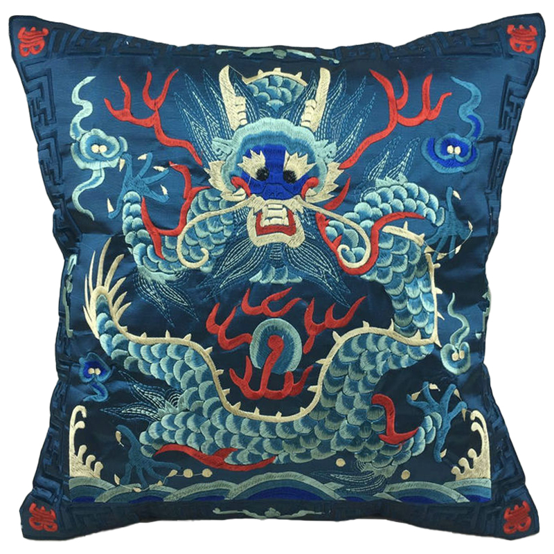 Декоративная подушка с вышивкой Chinese Dragon Blue Мульти Синий Декоративная подушка с вышивкой Chinese Dragon Blue Мульти Синий в Челябинске | Loft Concept