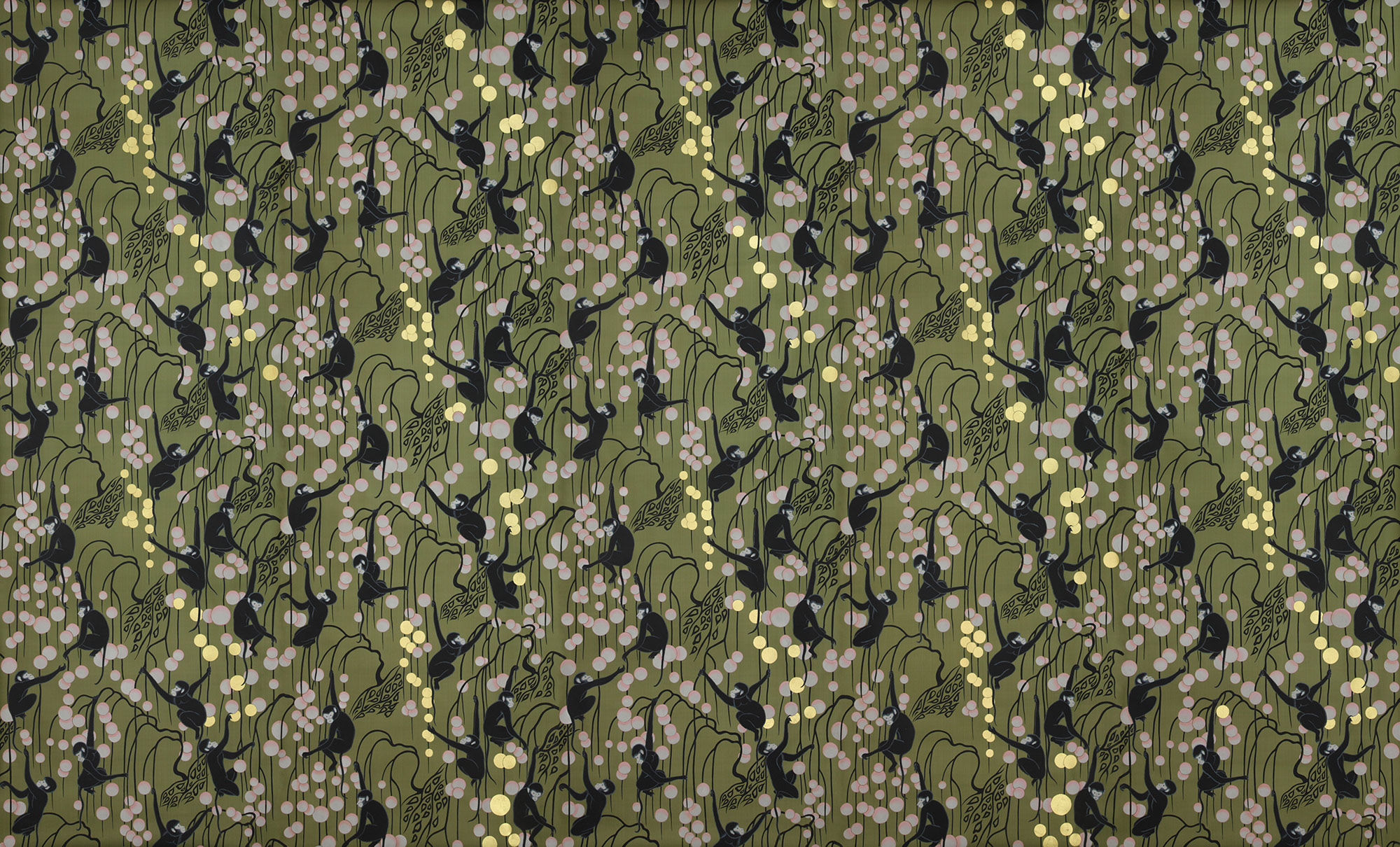 Обои ручная роспись Deco Monkeys Special Colourway on Olive dyed silk Обои ручная роспись Deco Monkeys Special Colourway on Olive dyed silk - постер Loft-Concept в Челябинске