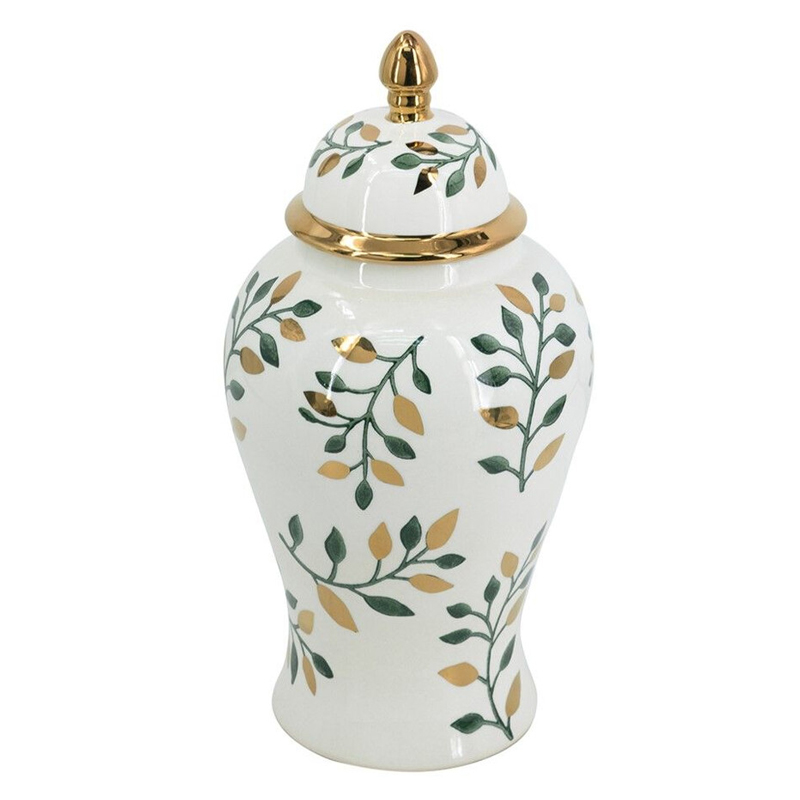 Ваза белая с крышкой с рисунком зеленых и золотых листьев 40 см Chinoiserie Ceramics Белый Зеленый Золотой Ваза белая с крышкой с рисунком зеленых и золотых листьев 40 см Chinoiserie Ceramics Белый Зеленый Золотой в Челябинске | Loft Concept