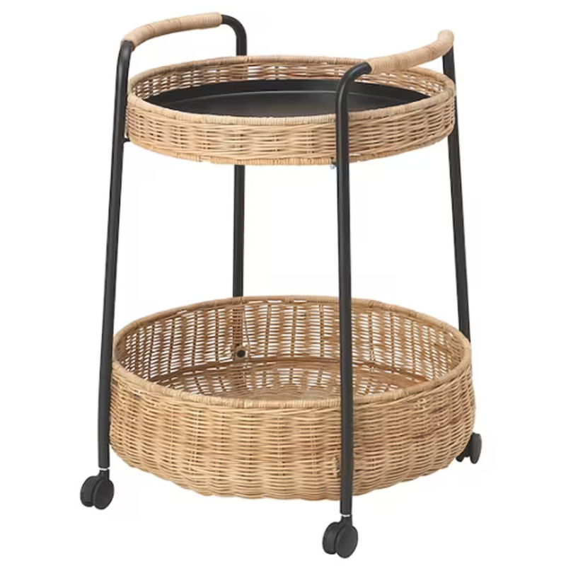 Приставной столик на колесах Roy Wicker Round Side Table Черный Древесина Приставной столик на колесах Roy Wicker Round Side Table Черный Древесина в Челябинске | Loft Concept