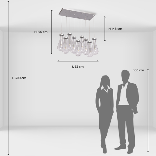 Люстра с 9-ю прозрачными плафонами из стекла в форме капли на прямоугольном потолочном основании цвета хром Lucid Rain  в Челябинске