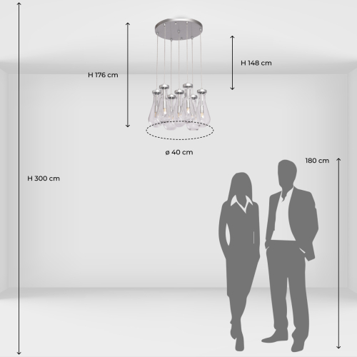 Люстра с 7-ю прозрачными плафонами из стекла в форме капли на круглом потолочном основании цвета хром Lucid Rain  в Челябинске