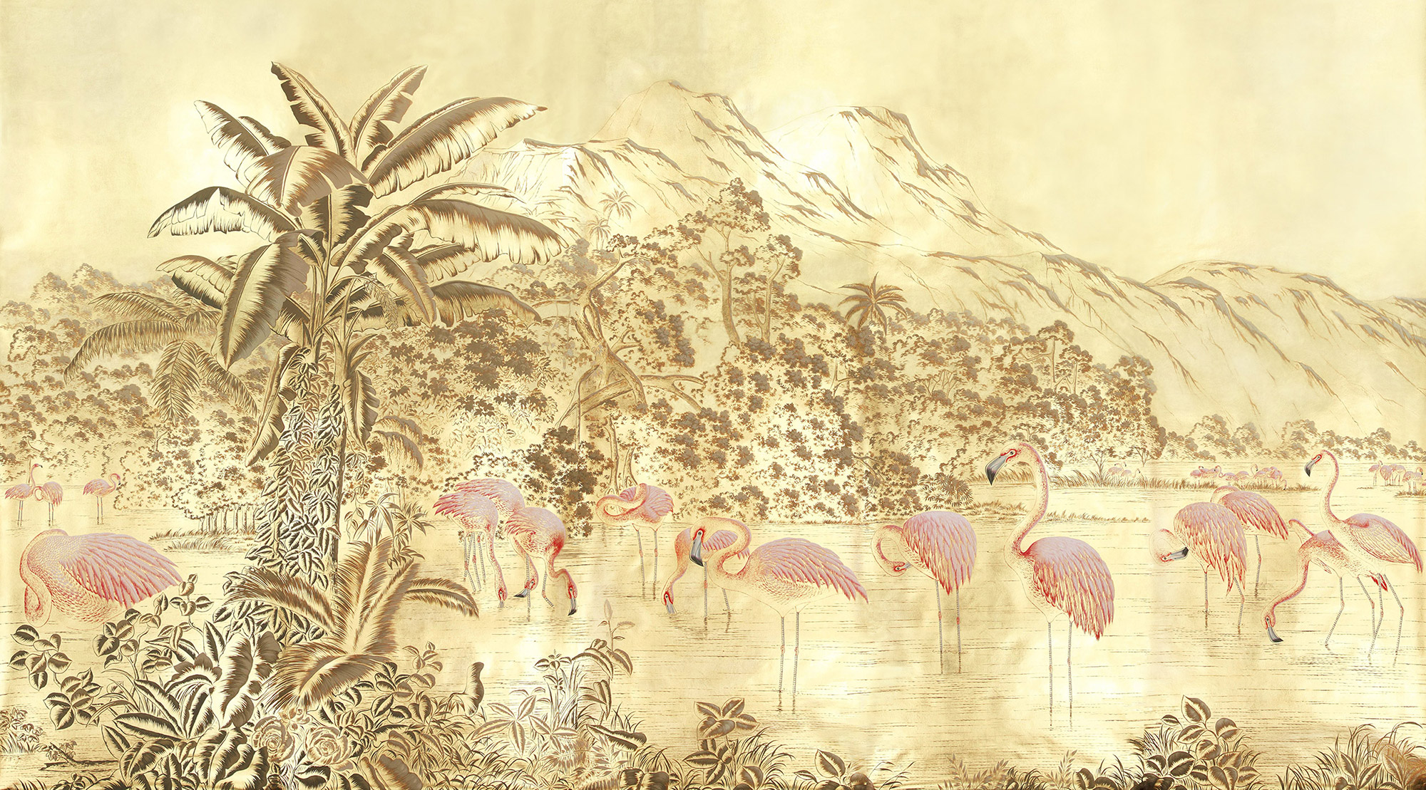 Обои ручная роспись Flamingos Flamingo on Deep Rich Gold gilded paper Обои ручная роспись Flamingos Flamingo on Deep Rich Gold gilded paper - постер Loft-Concept в Челябинске
