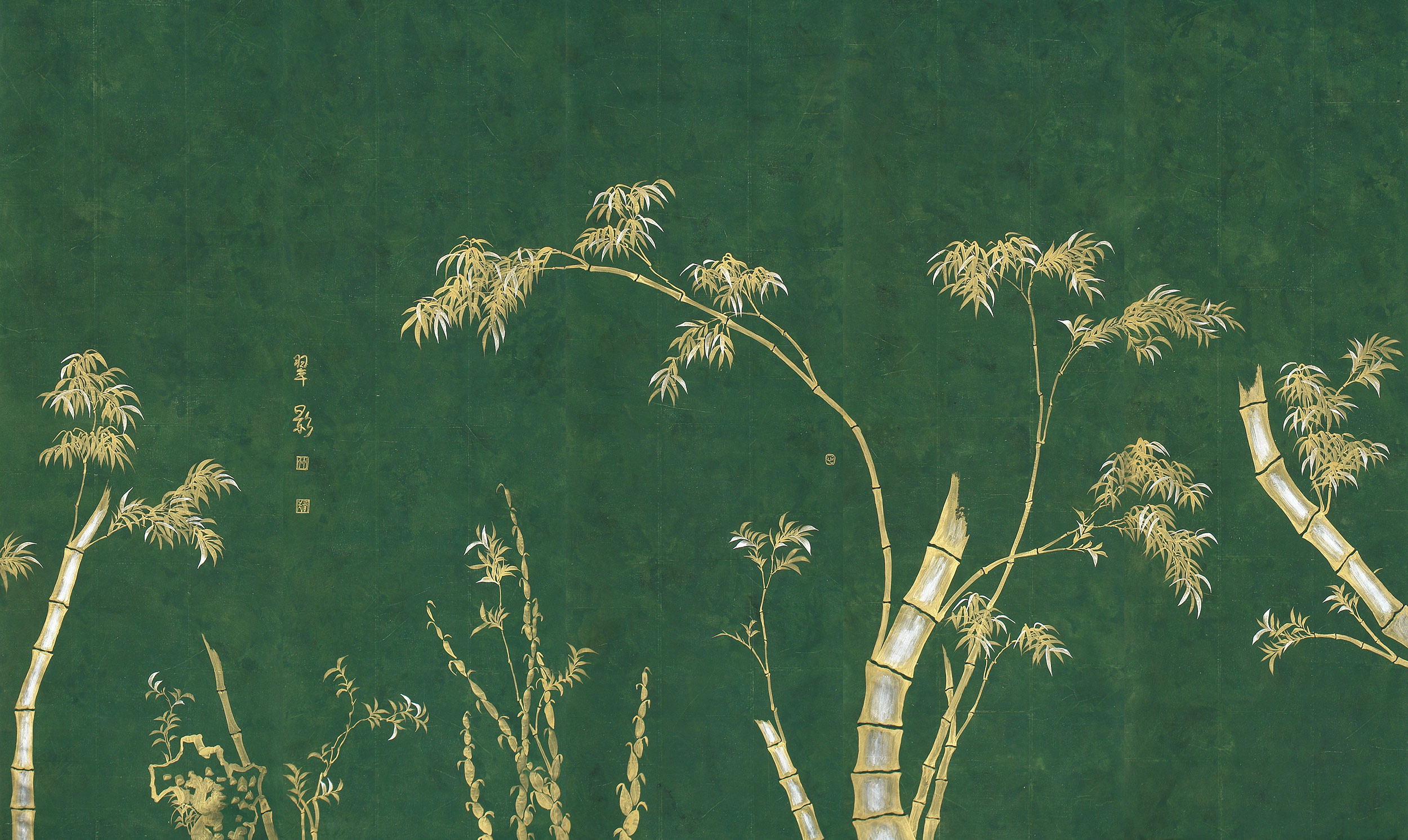 Обои ручная роспись Bamboo Golden on Edo Green India tea paper Обои ручная роспись Bamboo Golden on Edo Green India tea paper - постер Loft-Concept в Челябинске