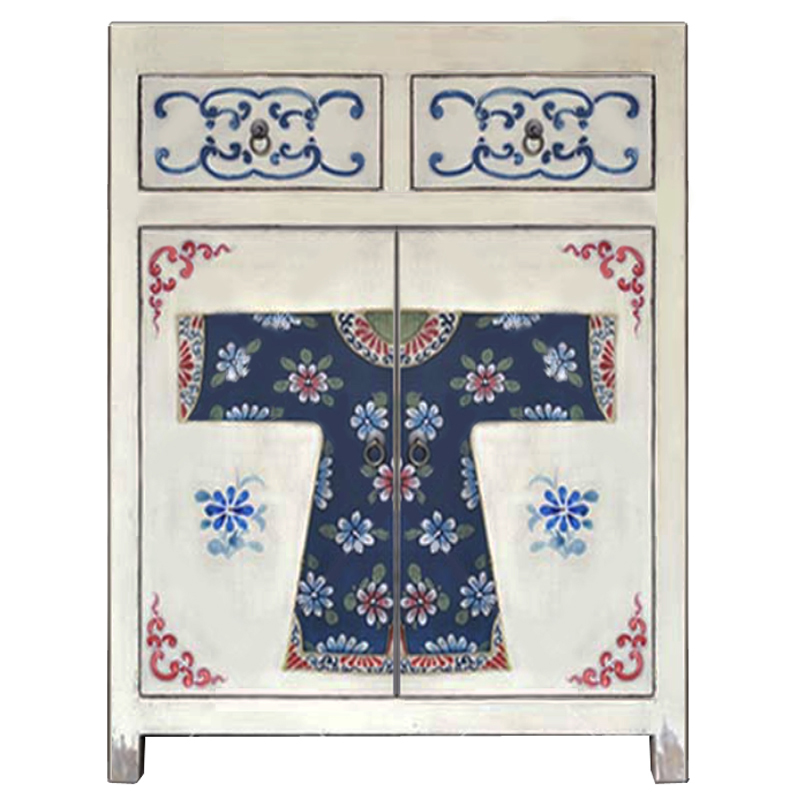 Белая тумба из массива сосны в Китайском стиле ручная роспись White Chinese Nightstand Белый Синий Зеленый Красный в Челябинске | Loft Concept 