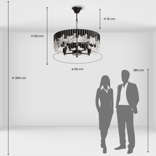 Люстра круглая из матового черного металла с подвесками из прозрачных стеклянных трубок Noir Tubes в Челябинске