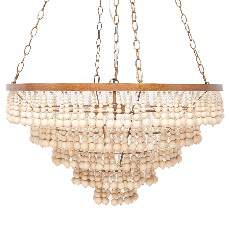 Круглая многоярусная люстра с круглыми деревянными подвесками Wooden Beads Chandelier Cream Кремовый Винтажная латунь в Челябинске | Loft Concept 