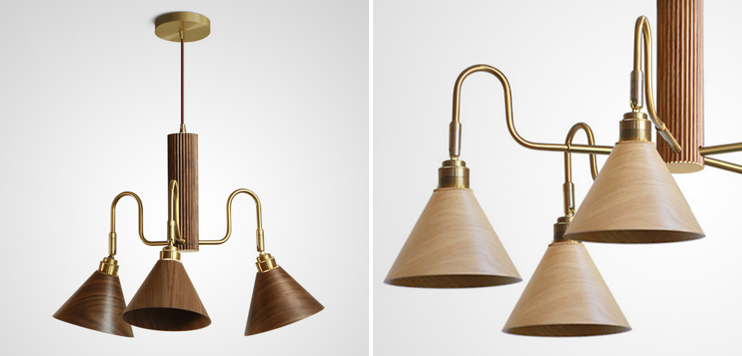 Люстра с поворотными плафонами конусообразной формы из дерева с латунной отделкой DOMENIC - фото №1