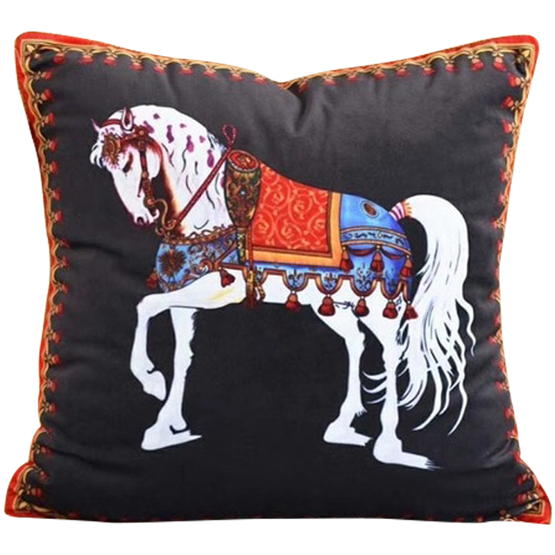 Декоративная подушка Hermes Horse 77 Черный Оранжевый Синий Белый Декоративная подушка Hermes Horse 77 Черный Оранжевый Синий Белый в Челябинске | Loft Concept