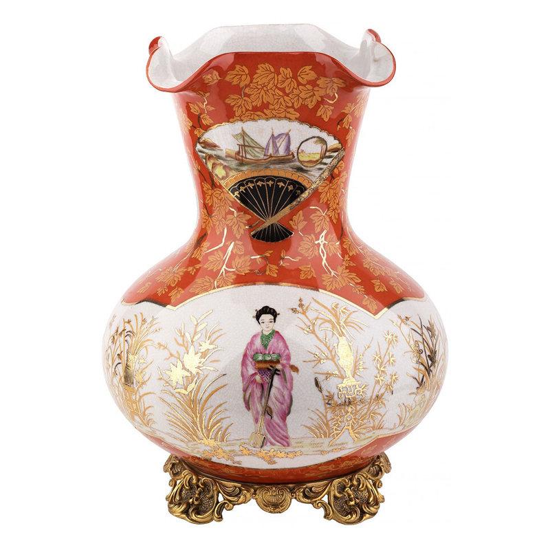 Ваза красного цвета с рисунком Chinoiserie Ceramics Белый Красный Бронза Ваза красного цвета с рисунком Chinoiserie Ceramics Белый Красный Бронза в Челябинске | Loft Concept