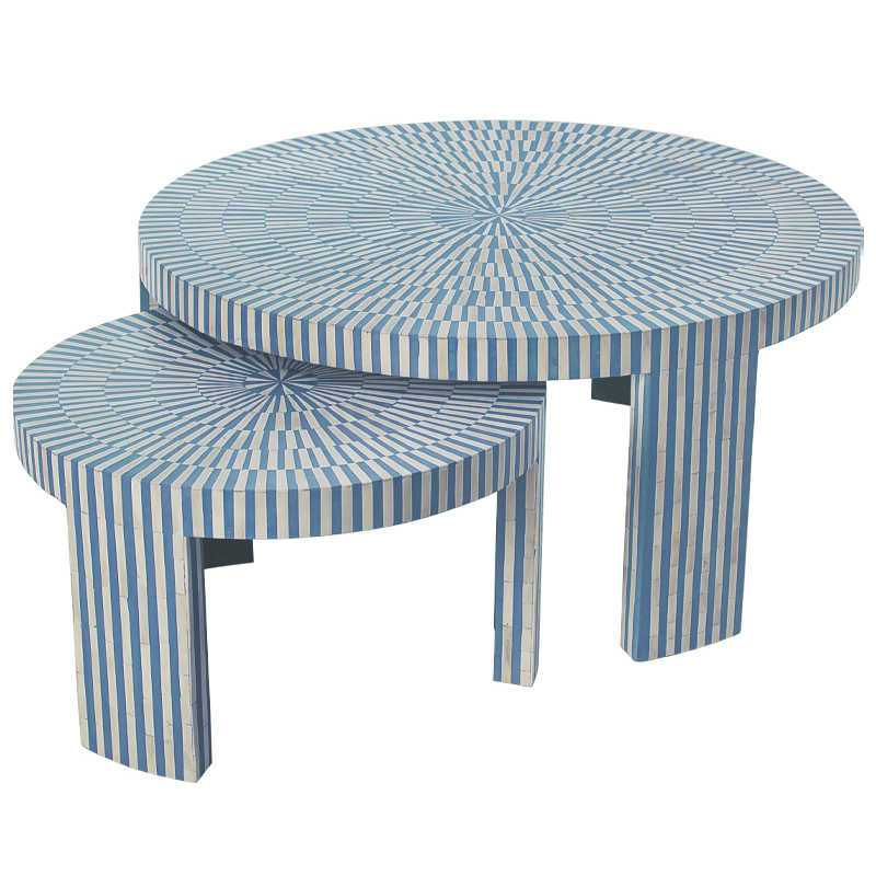 Комплект журнальных столов с инкрустацией Stripes Set of two tables blue Белый Голубой в Челябинске | Loft Concept 