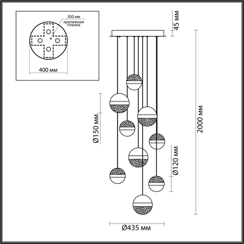 Люстра каскадная с 9-ю подвесами бронза и никель Peggy Futura lamp в Челябинске